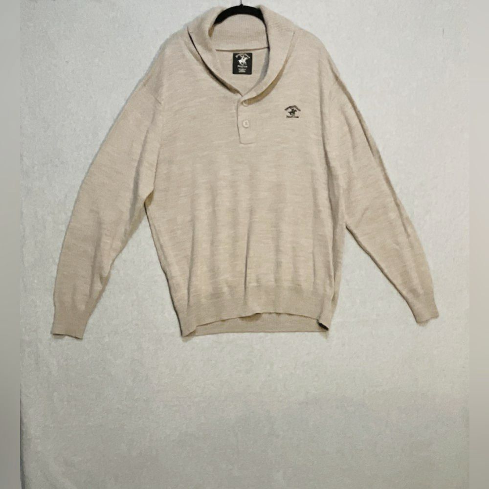 Beverly Hills Polo Club Tan Shawl Collar Button Sweater Pullover Beige Large L